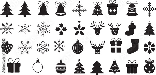 Collection of black silhouette Christmas icons including trees bells snowflakes ornaments reindeer and gifts