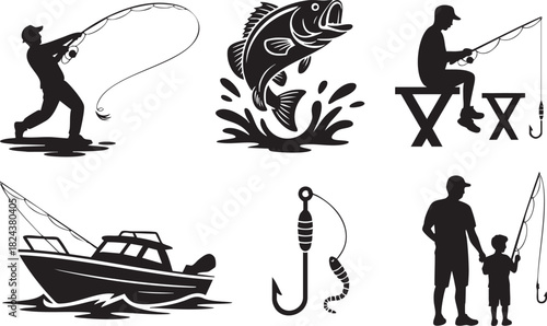Collection of black silhouette fishing scenes and elements boat