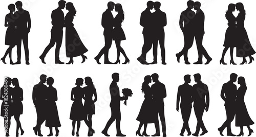Collection of black silhouettes of couples in romantic poses and walking white romance