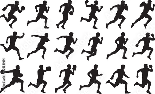 Collection of black silhouettes of male athletes running and throwing balls vector