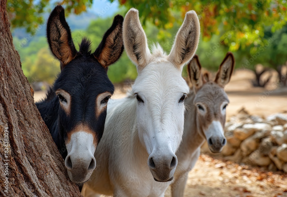 Naklejka premium donkeys in the natural environment of a spanish finca, including one white donkey and two black ones