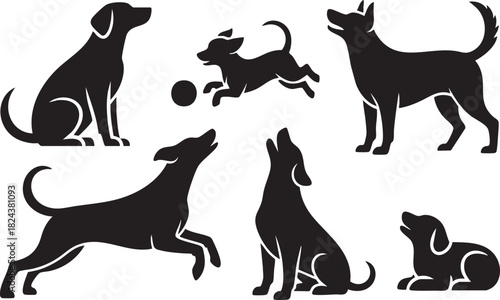 Six black dog silhouettes in various poses on white background animal