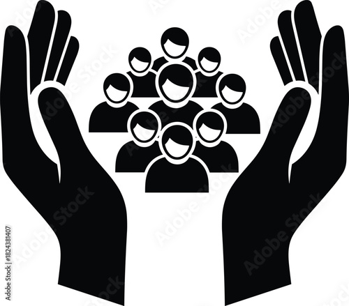 Black and White Vector Icon of Hands Protecting a Group of People or Community, Symbolizing Care, Insurance, Social Help, Security, and Protection