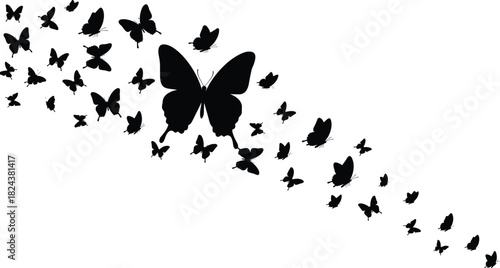 Black butterfly silhouettes flying in curved motion on white background, elegant swarm pattern for nature, tattoo, and decorative themes.