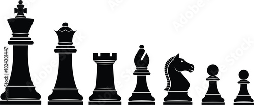 Black Silhouette Chess Pieces Set Featuring King, Queen, Rook, Bishop, Knight, and Pawns for Strategy Game Vector Illustration Use