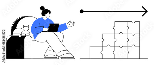Strategy concept. Woman with laptop gestures toward arrow direction and stacked puzzle blocks strategy planning and goal achievement. For business, effort alignment, teamwork, organization, planning