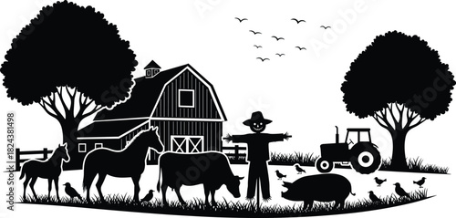 Black Silhouette Farm Scene with Barn, Animals, Trees, Tractor, Fence, and Scarecrow for Rural Agriculture Vector Illustration Use