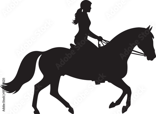 Black Silhouette Vector of a Female Equestrian Rider on Horse Galloping or Trotting in Dressage or Show Jumping Competition