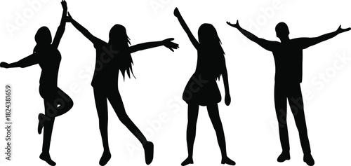 Black Silhouette Vector Set of Happy Young People Dancing, Celebrating, and Cheering with Hands Raised Isolated on White