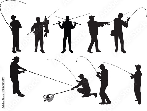 Black Silhouette Vector Set of Fishermen in Various Poses Holding Fishing Rods, Net, and Catch Isolated on White