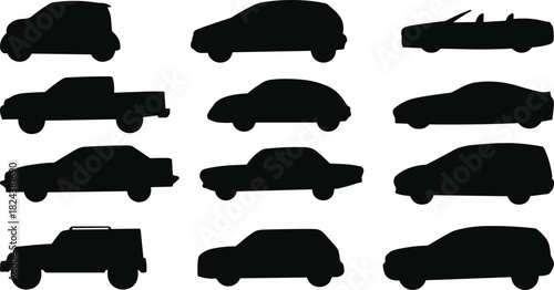 Black Silhouette Vector Set of 12 Various Automobile Car Icons Including Hatchback, SUV, Sedan, Truck, Convertible, and Crossover Shapes.