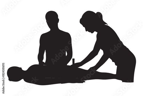  Two people performing cpr on a patient in a clear silhouette illustration