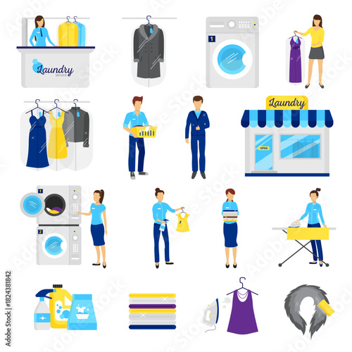 Laundry Service Vector Illustration Set. Washing Machines, Ironing, Dry Cleaning, Staff Characters & Cleaning Supplies Icons
