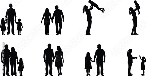 Family Silhouettes Vector Set of Parents and Children Standing Walking Playing Holding Hands and Holding Up Baby Symbolizing Love and Connection.