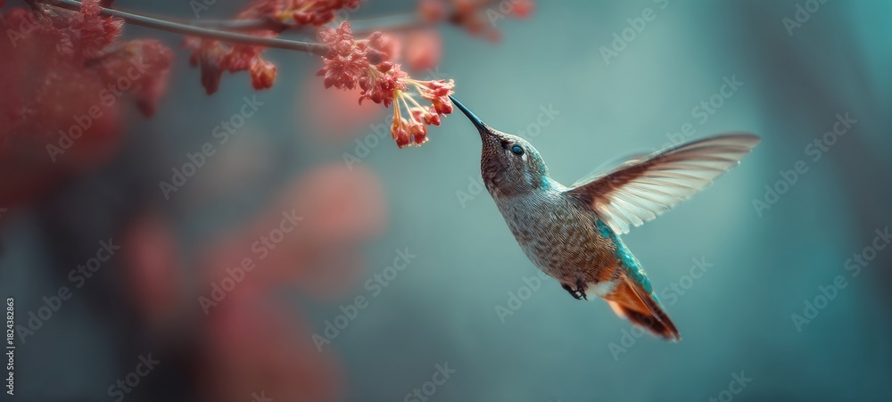 Obraz premium Hummingbird in Flight Gathering Pollen from Flower Buds with Spacious Composition and Ample Room for Text