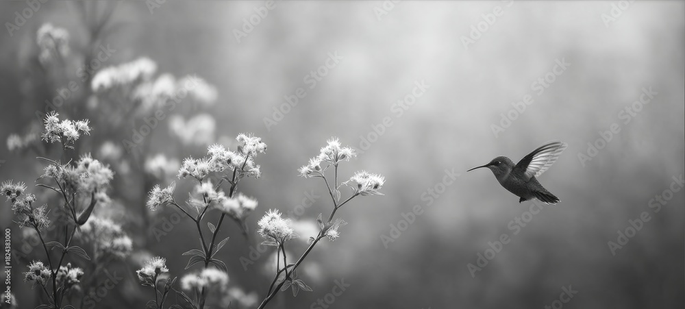 Obraz premium Hummingbird in Flight Gathering Pollen from Flower Buds with Spacious Composition and Ample Room for Text