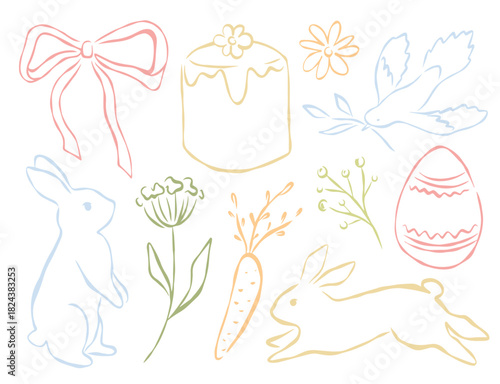 Easter sketch with cute bunny and egg. Pastel outline art with flower and bow. Whimsical festive design for greeting cards.