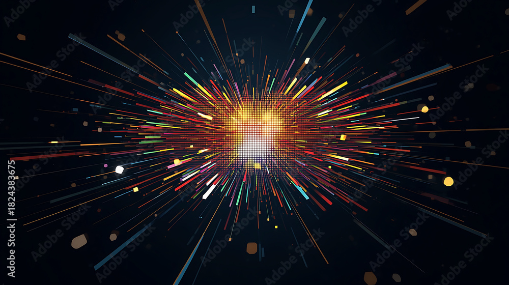 Obraz premium Abstract Multicolored Explosion with Glowing Center on Dark Background Represents Big Data Visualization