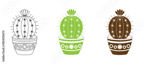 Flat Vector Cactus houseplant in flower pot, succulent or cacti plant in pots, Home plants cactus in pots, Fun home cacti stickers and badges. Floral elements
