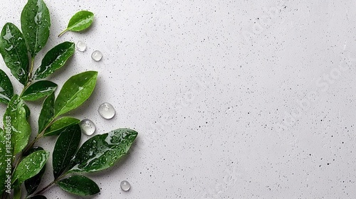 A sprig of lush green leaves, glistening with water droplets, is arranged on the left side of a textured, light gray surface. The composition is clean and minim