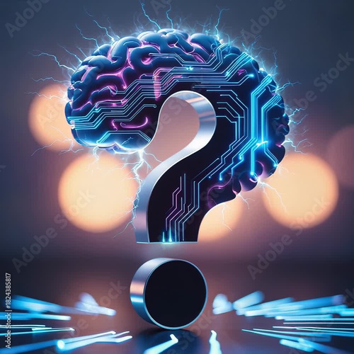 Brain question mark glowing with neon blue circuit lines, pulsing with energy, futuristic sci-fi style