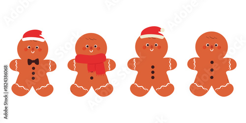 set of cute hand drawing cartoon gingerbread with Santa hat and red scarf for Christmas sticker