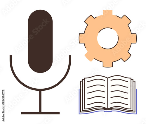 Microphone, open book, and gear symbolizing communication, knowledge sharing, creativity, and technology. Ideal for education, podcasting, innovation learning design content creation teamwork