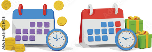 Colorful vector of financial and holiday calendar icons with clocks, coins, and gift boxes for event planning concepts