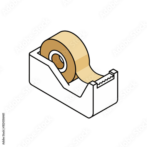 An isometric illustration of a tape dispenser with beige tape on a white background