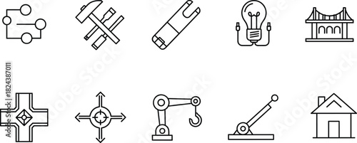 engineering, technology, icons, black, white, circuit, tools, battery, innovation, bridge, compass, robotic, arm, lever, house, architecture, gear, lightbulb, survey, automation