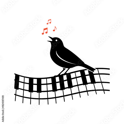 Melodic songbird serenading on flowing piano keys, symbolizing artistic freedom and musical passion