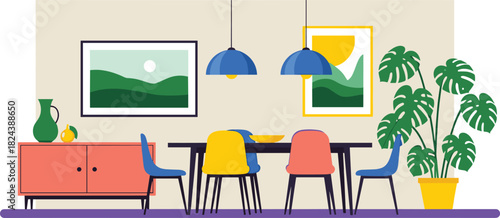 Modern dining room interior with colorful chairs, black table, pendant lights, sideboard, artwork, and potted plant