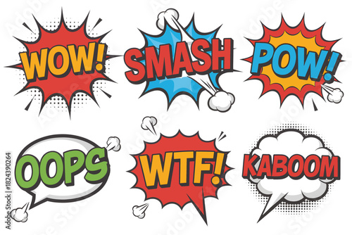 Comic speech bubbles with sound effects vector illustration of cartoon explosion elements isolated on white background for graphic design