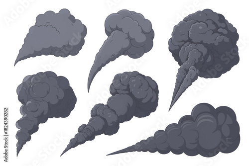 Set of cartoon smoke clouds vector illustration of dark grey smog isolated on white background for design elements