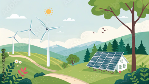 Sustainable living in harmony with nature featuring wind turbines and solar panels creating clean energy, showing bright future and green technology solutions
