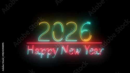 A neon sign year 2026 above the words happy new year with black background