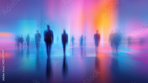 Blue purple business background with blurred silhouettes of people - concept horizontal poster. Business digital photo illustration. 