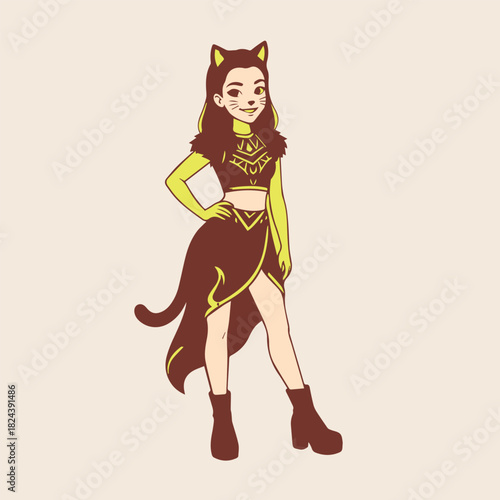 Cat Girl Character Illustration Cute Feline Costume Character Print
