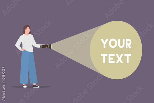 Young adult holding flashlight. Your text here. Fashion teenage girl uses pocket torch, female character on dark background.