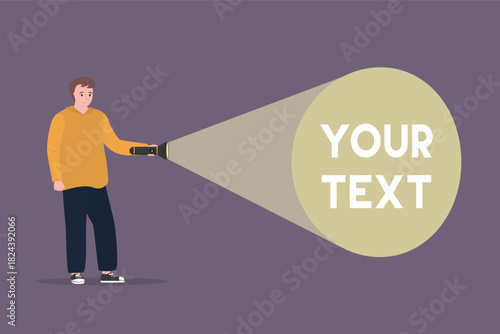 Young adult holding flashlight. Your text here. Fashion teenager uses pocket torch, male character on dark background.