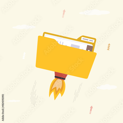 File folder with rocket booster flying in the sky. Home delivery, courier, parcel post, international trade and online shopping. Quick exchange of information.