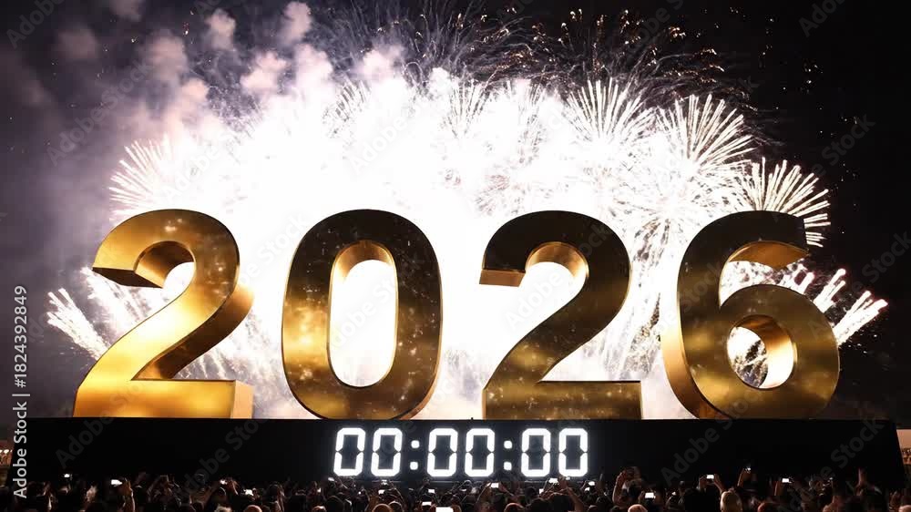 New Year 2026 Countdown Clock with Sleek Metallic Numbers and ...