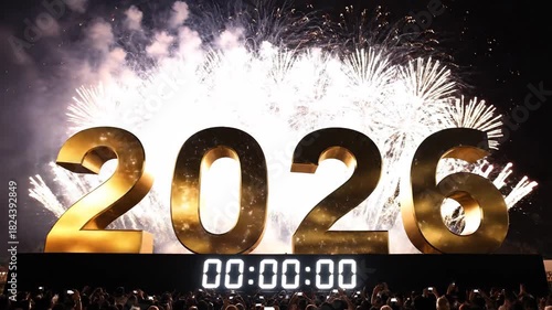 New Year 2026 Countdown Clock with Sleek Metallic Numbers and Spectacular Fireworks Bursting Behind