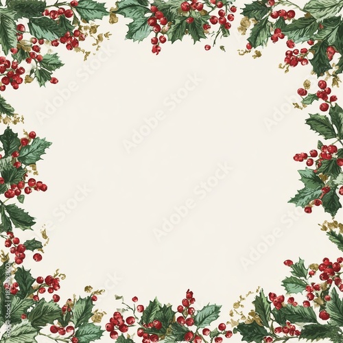 A Christmas-themed border illustration featuring a rectangular white background framed with holly leaves and red berries. Ideal for Christmas greeting card templates, seasonal message designs 