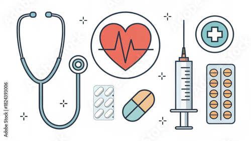 Medical care essentials including a stethoscope, syringe, heart rate, medicine and pills to provide health care for patients and promote well being