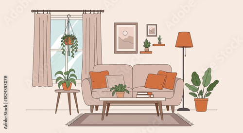 Stylish living room interior with cozy couch, indoor plants, and modern decor elements for home design inspiration and a relaxing, comfortable atmosphere