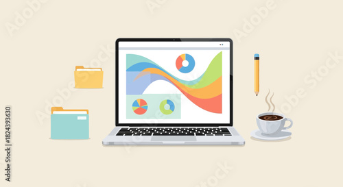 Modern laptop displaying vibrant business data analysis with charts, folders, coffee and pencil, ideal for presentations or illustrating financial reports