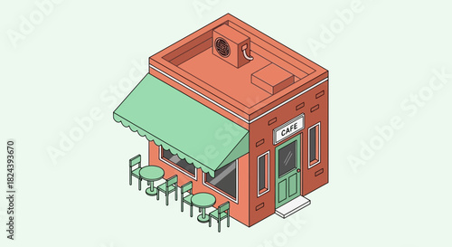 Charming isometric cafe illustration with outdoor seating, perfect for branding, menu designs, or a delightful touch to any project with urban vibes