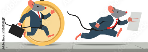 Rat Race Business Concept Vector – Cartoon Mice in Suits Running on Wheel and Track