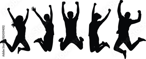 Silhouettes of five people jumping with raised arms, joyful movement, celebration gesture, dynamic posture, expressive motion illustration